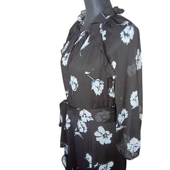 Karl Lagerfeld Paris Black/White Floral Chiffon Midi Dress, Ruffle Hem - 14 - Picture 4 of 9